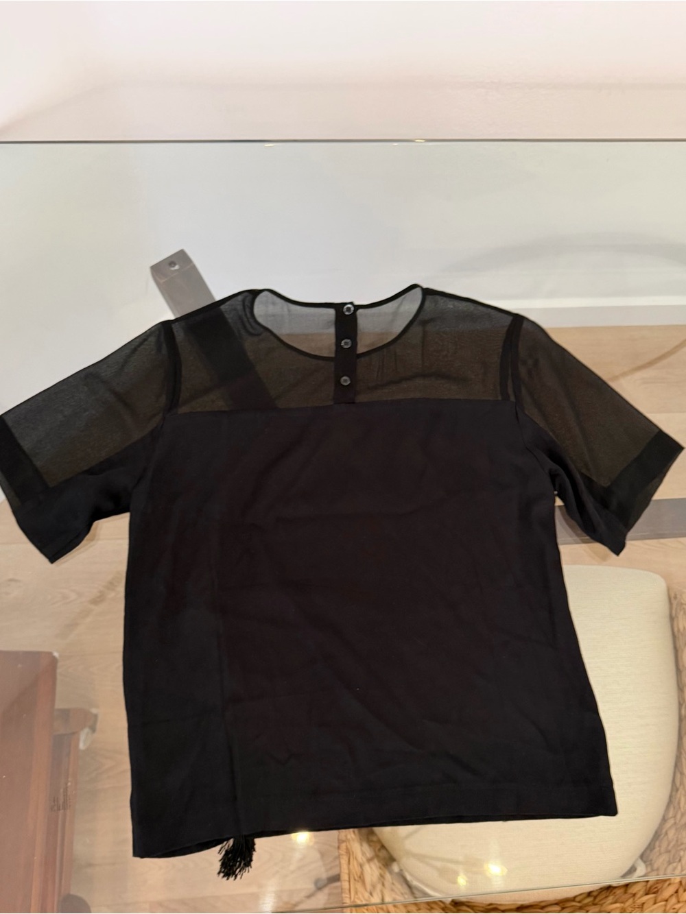 Sandro Paris Black Fringe Sheer Yoke Short Sleeve Blouse Size 2 - Picture 7 of 12